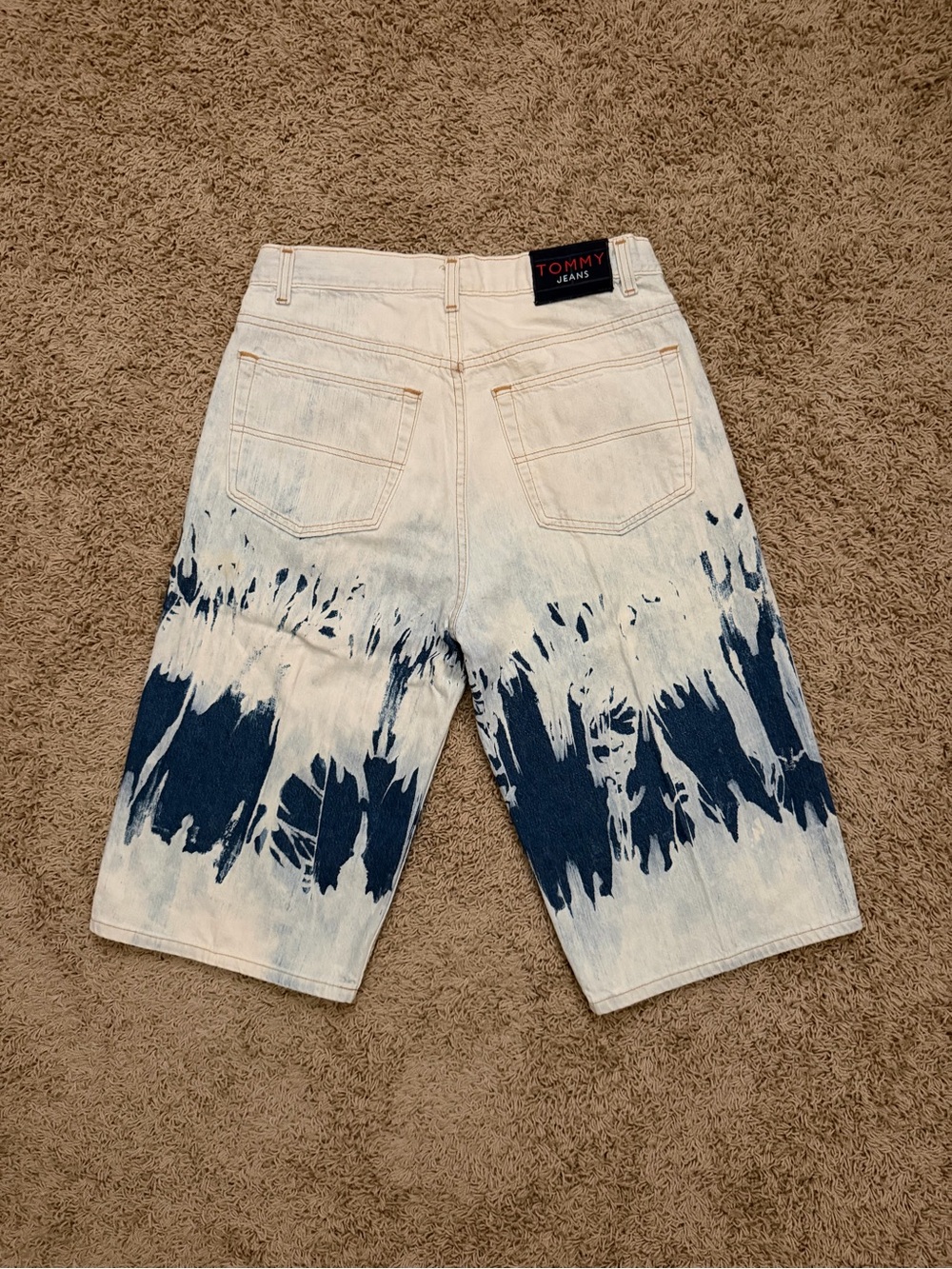 Vintage Tommy Jeans Tie Dye Acid Wash Long Baggy Jorts Jean Shorts 34x16 RARE